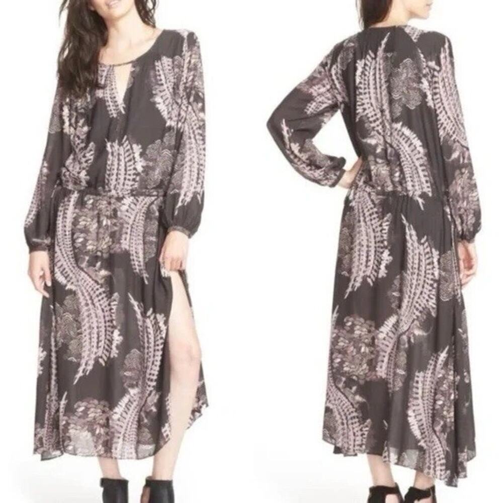 Free People Womens Floral Maxi Dress Purple Long Sleeve Boho Whimsigoth Medium